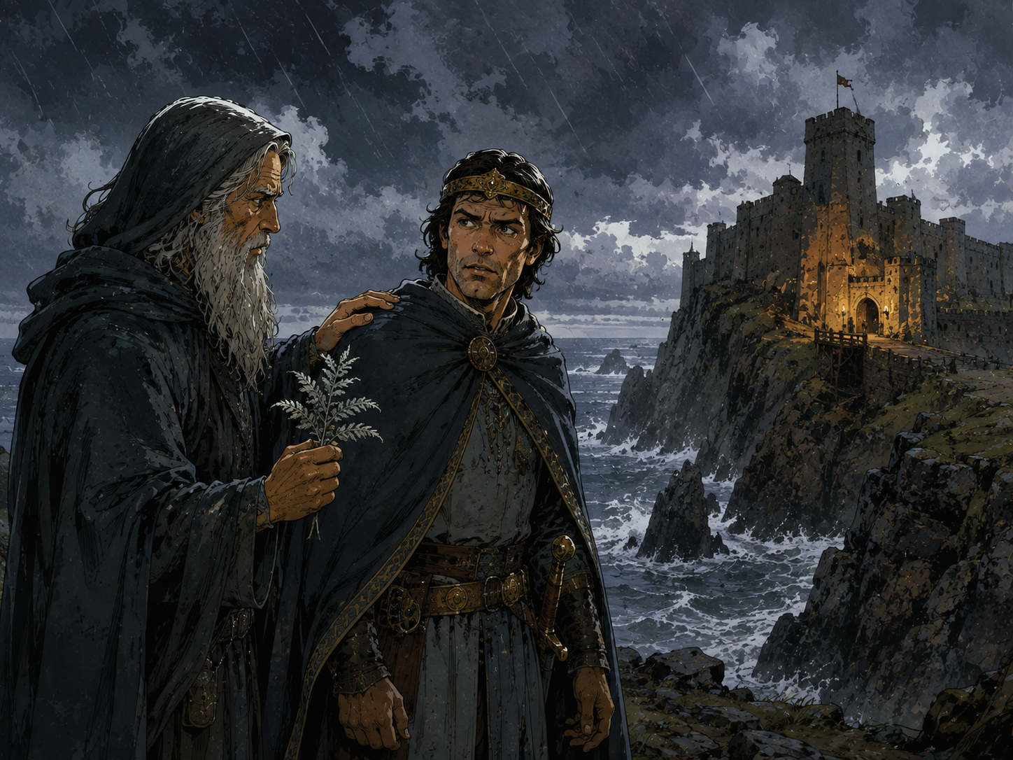 Merlin avertit Uther Pendragon devant la forteresse de Tintagel sous la tempête