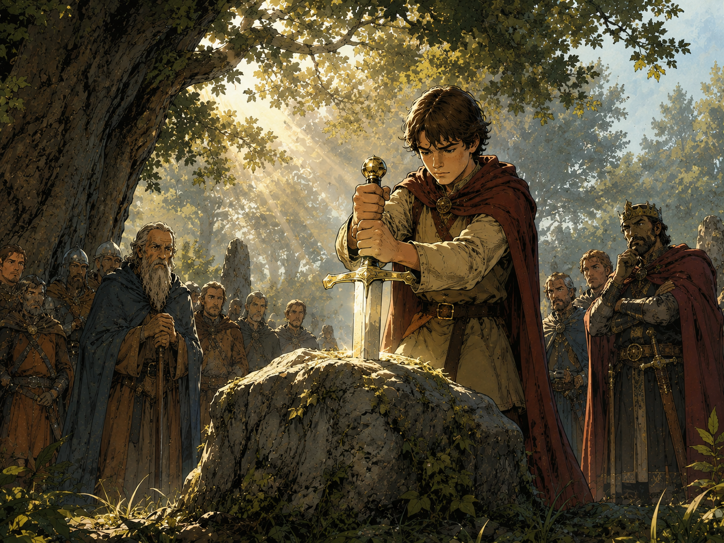 Le jeune Arthur retire l'épée du rocher devant Merlin et les seigneurs de Bretagne