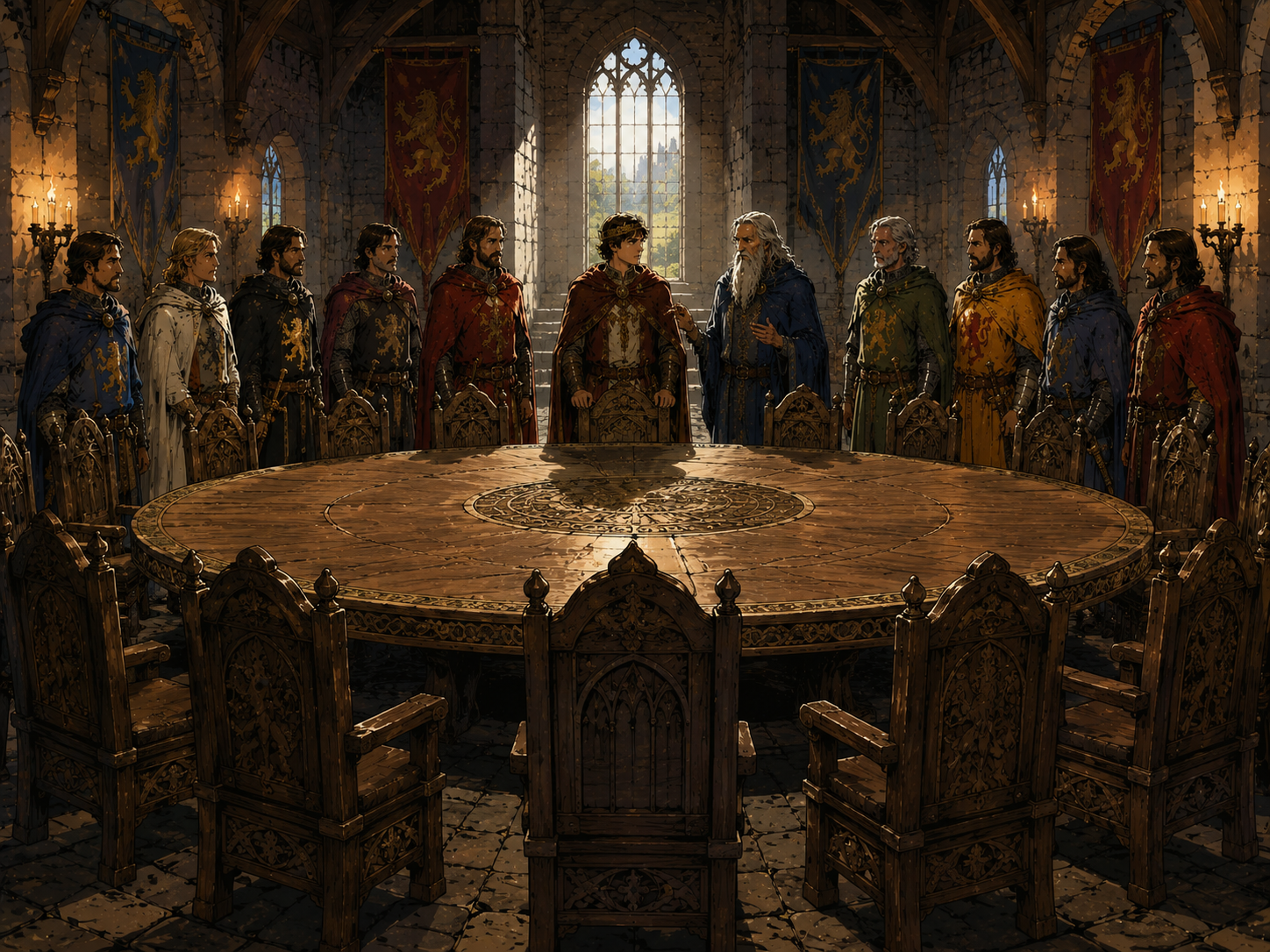 Arthur, Merlin et les chevaliers réunis autour de la Table ronde à Camelot