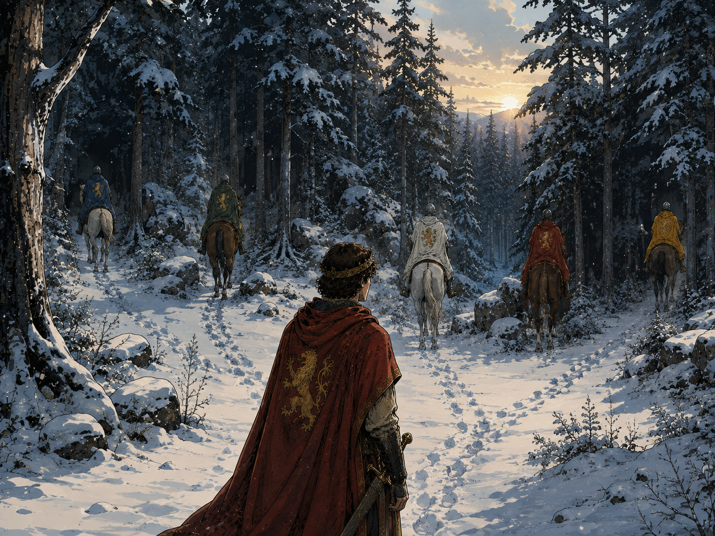 Arthur regarde les chevaliers de la Table ronde se séparer dans une forêt enneigée