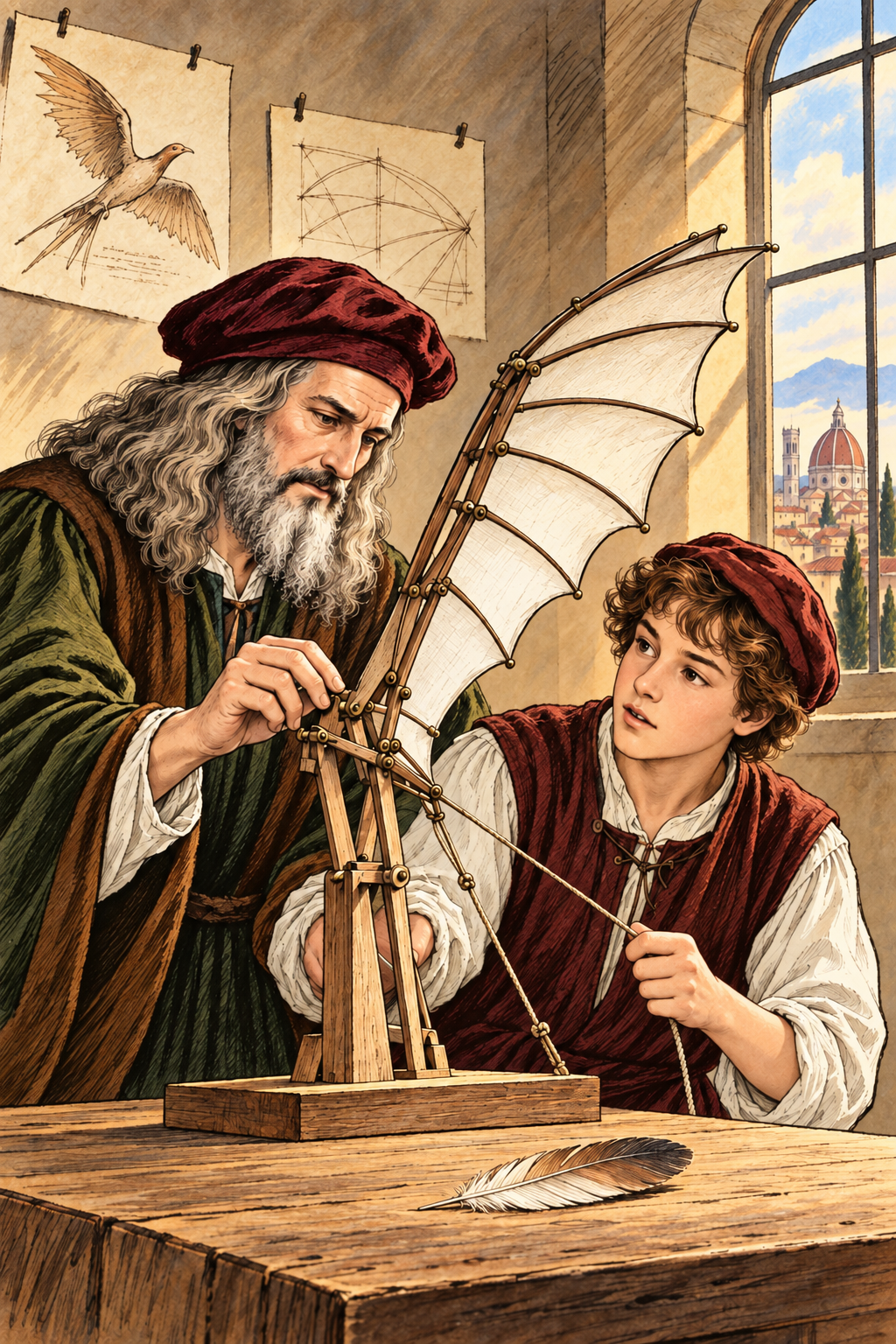 Dans son atelier de Florence, Léonard de Vinci et un jeune apprenti étudient une machine volante inspirée des ailes d’oiseau