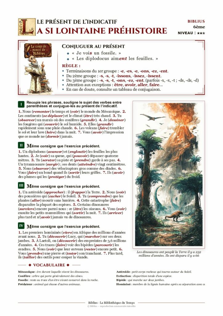 Aperçu complet de la fiche d’exercices couleur La si lointaine préhistoire