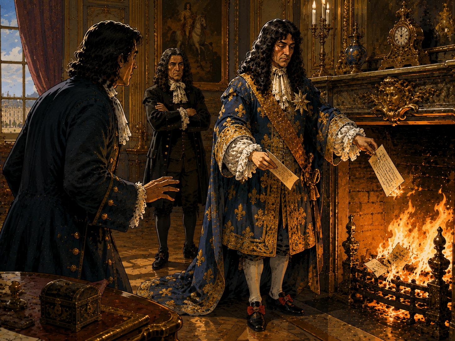 Louis XIV jette au feu les lettres de la cassette devant La Reynie et Colbert