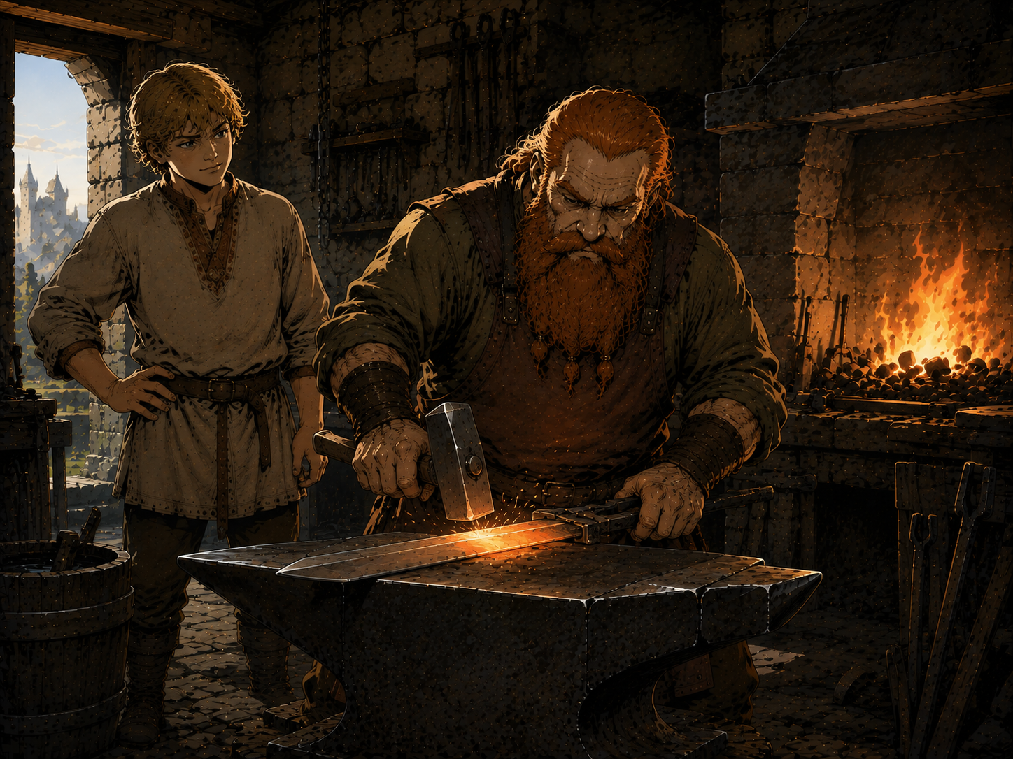 Régin reforge l'épée Nothung dans sa forge sous le regard de Siegfried
