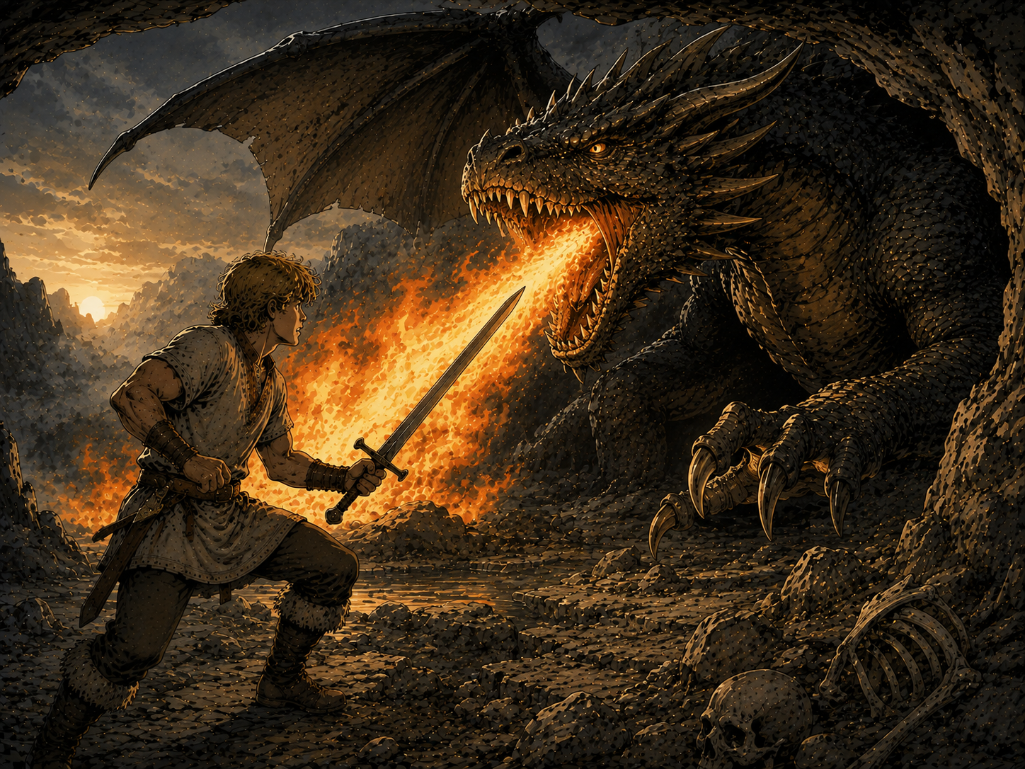 Siegfried affronte le dragon Fafnir qui crache du feu devant sa caverne