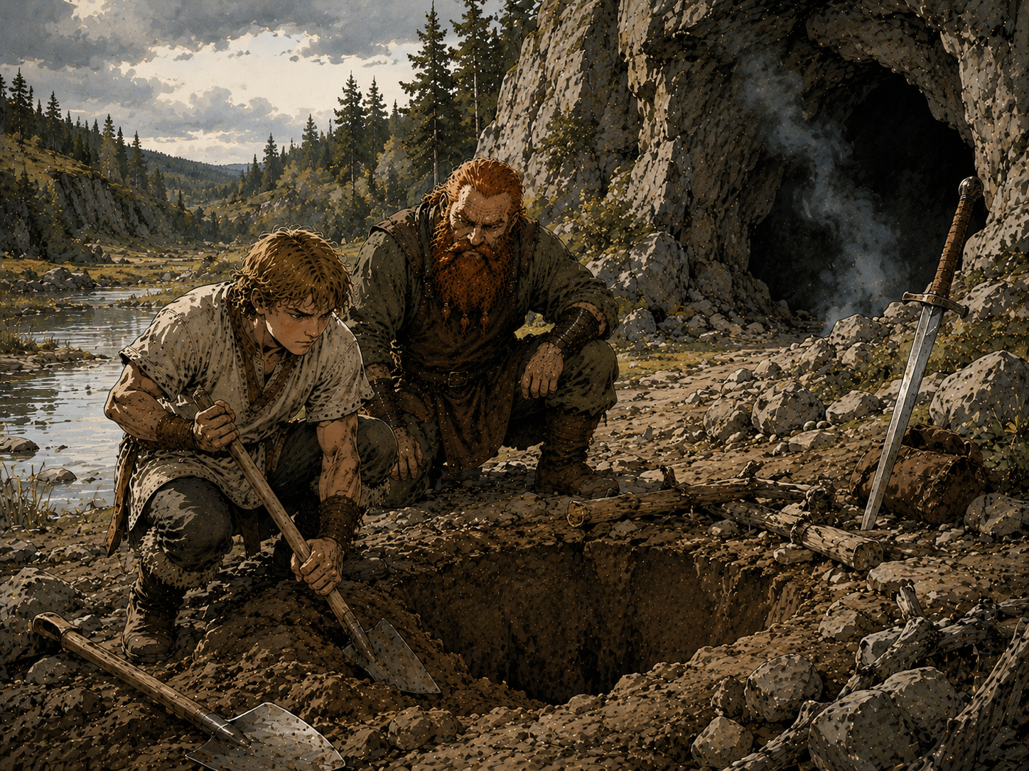Siegfried et Régin creusent une fosse devant la caverne de Fafnir