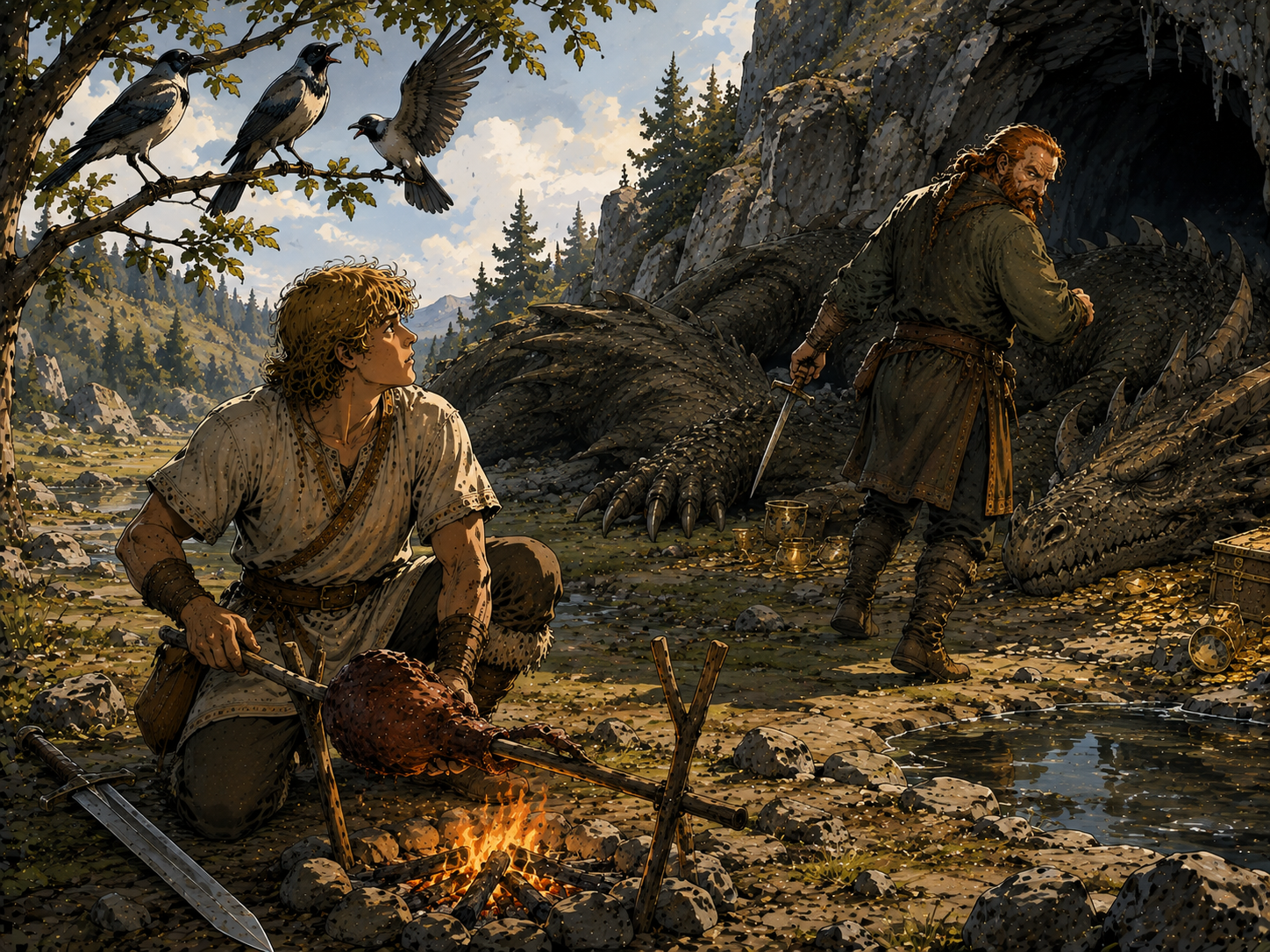 Les oiseaux avertissent Siegfried tandis que Régin s'approche du trésor de Fafnir
