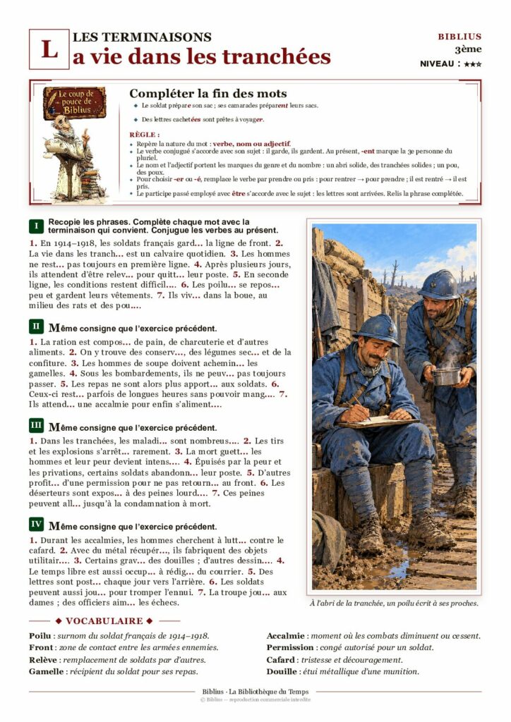 Aperçu de la fiche couleur La vie dans les tranchées
