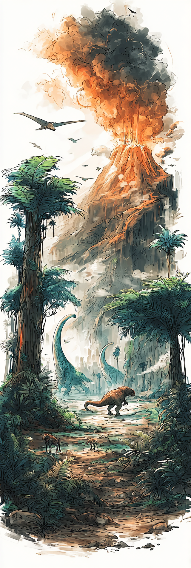 Dinosaures dans un paysage volcanique de la préhistoire