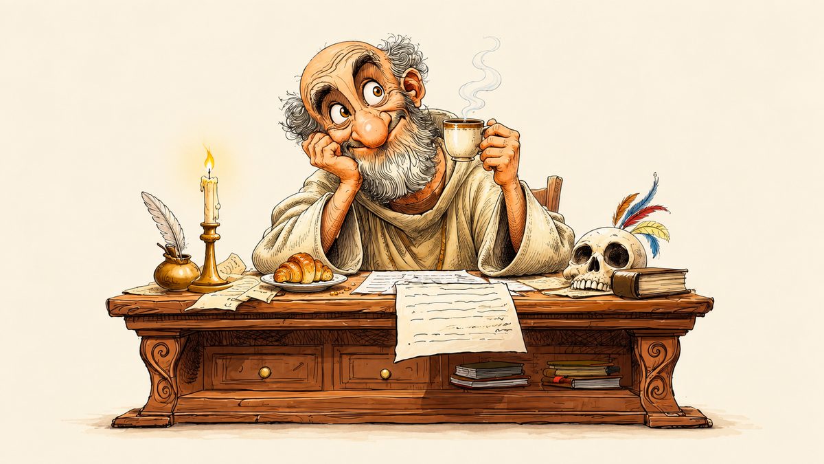 Biblius prend une tasse de café à son bureau