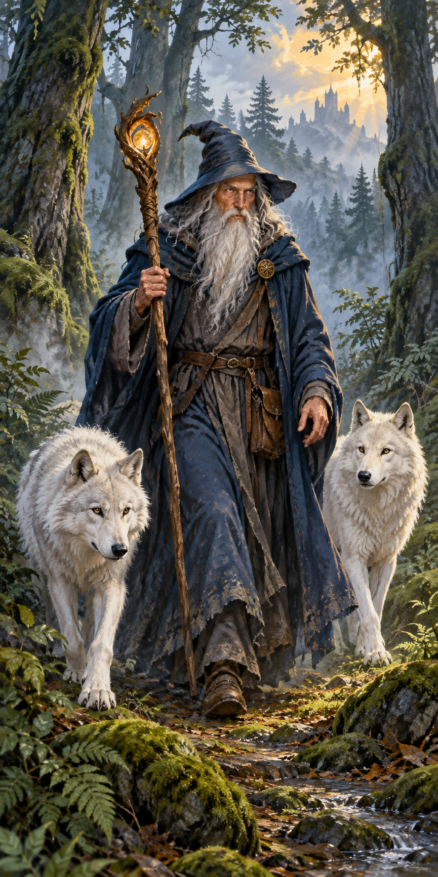 Dans une forêt humide, Merlin apparaît accompagné de deux loups blancs.