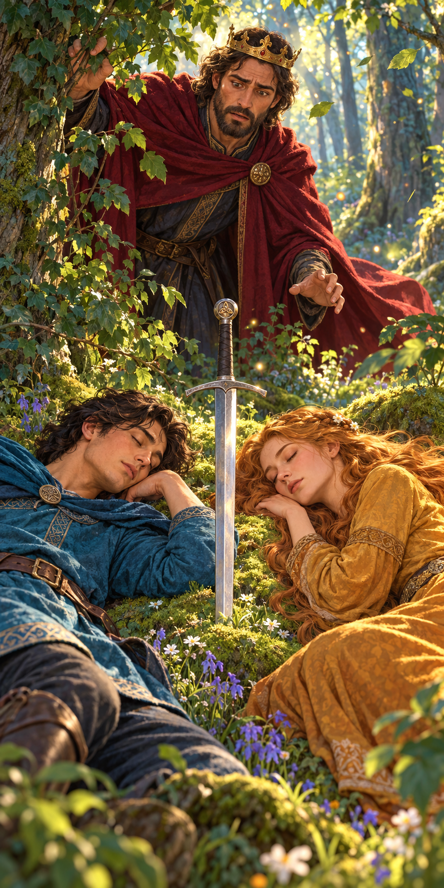 Dans la forêt, Marc découvre Tristan et Yseult endormis, une épée entre eux.