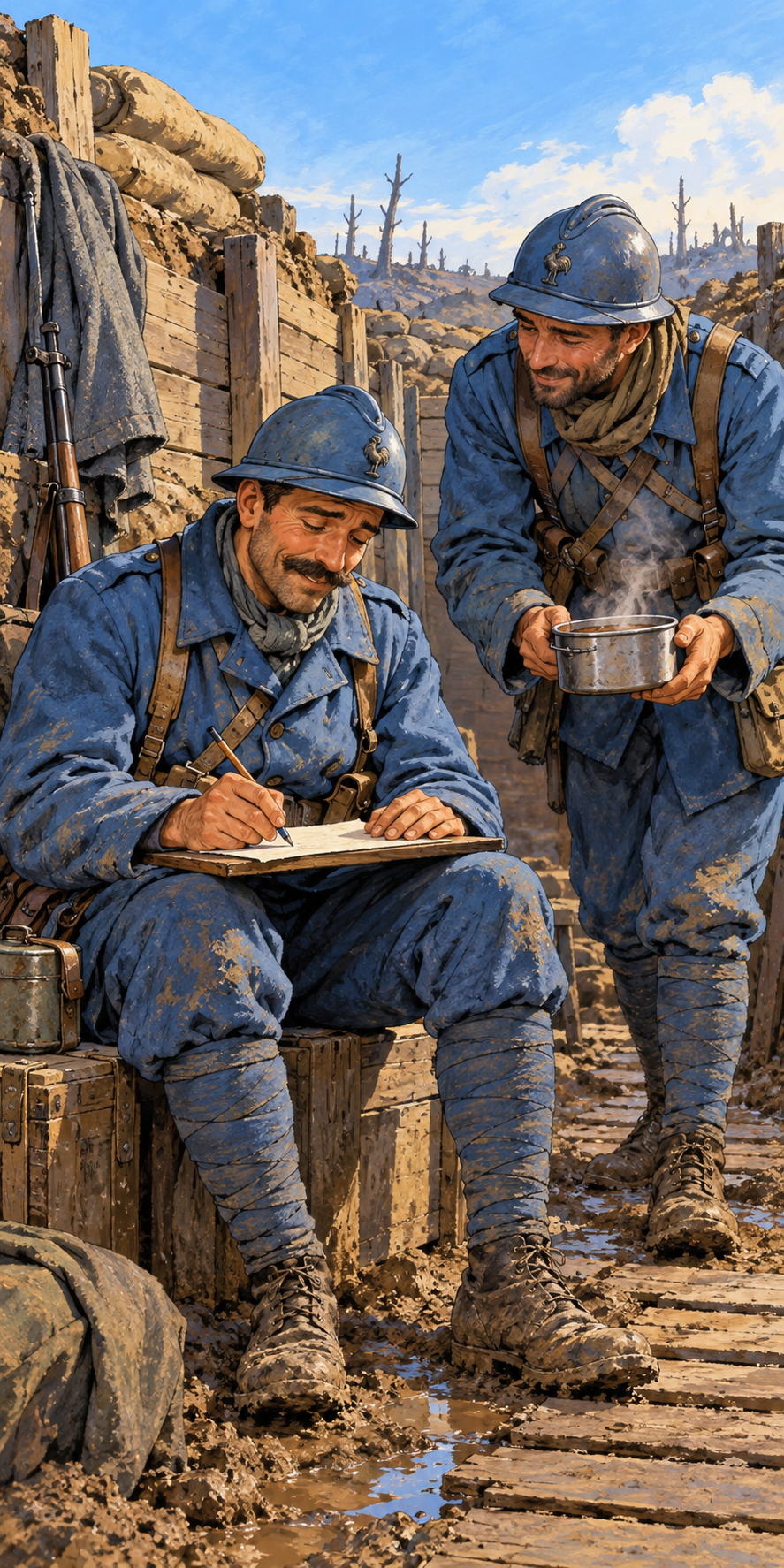 À l’abri de la tranchée, un poilu écrit à ses proches.